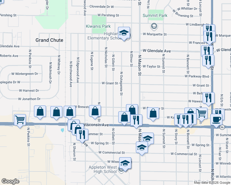 map of restaurants, bars, coffee shops, grocery stores, and more near 1630 North Gillett Street in Appleton