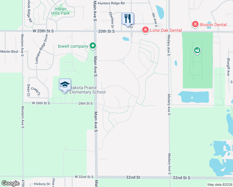 map of restaurants, bars, coffee shops, grocery stores, and more near 2432 Main Avenue South in Brookings