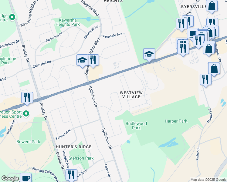 map of restaurants, bars, coffee shops, grocery stores, and more near 1237 Huntington Circle in Peterborough