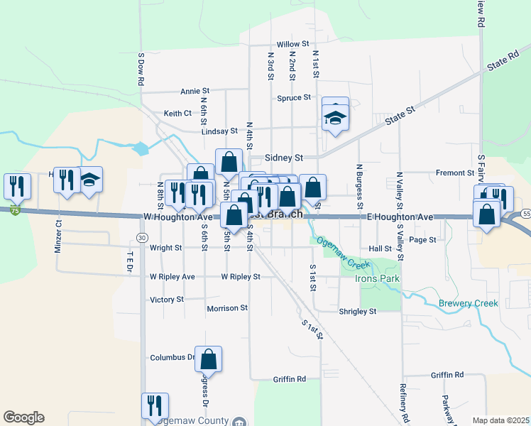 map of restaurants, bars, coffee shops, grocery stores, and more near 307 West Houghton Avenue in West Branch