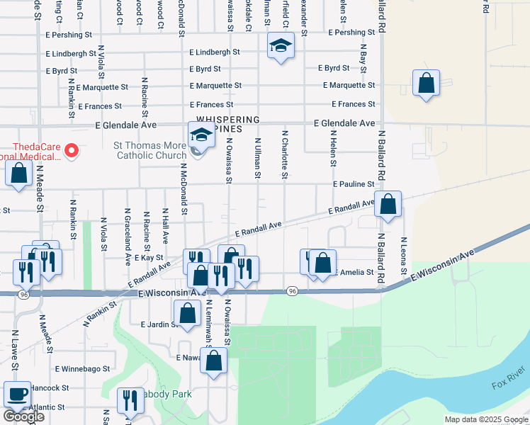 map of restaurants, bars, coffee shops, grocery stores, and more near 1714 North Ullman Street in Appleton