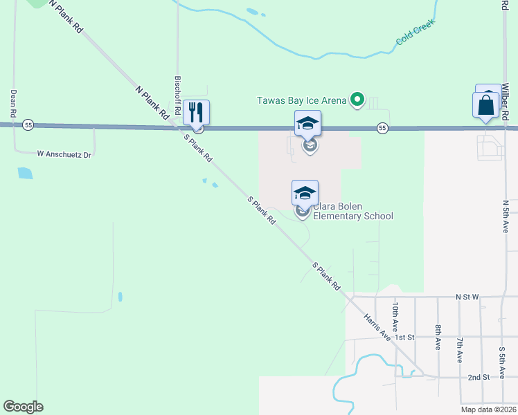 map of restaurants, bars, coffee shops, grocery stores, and more near 1-299 S Plank Rd in Tawas City