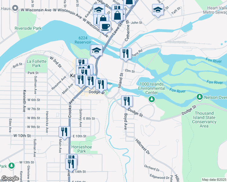 map of restaurants, bars, coffee shops, grocery stores, and more near 777 Island Street in Kaukauna