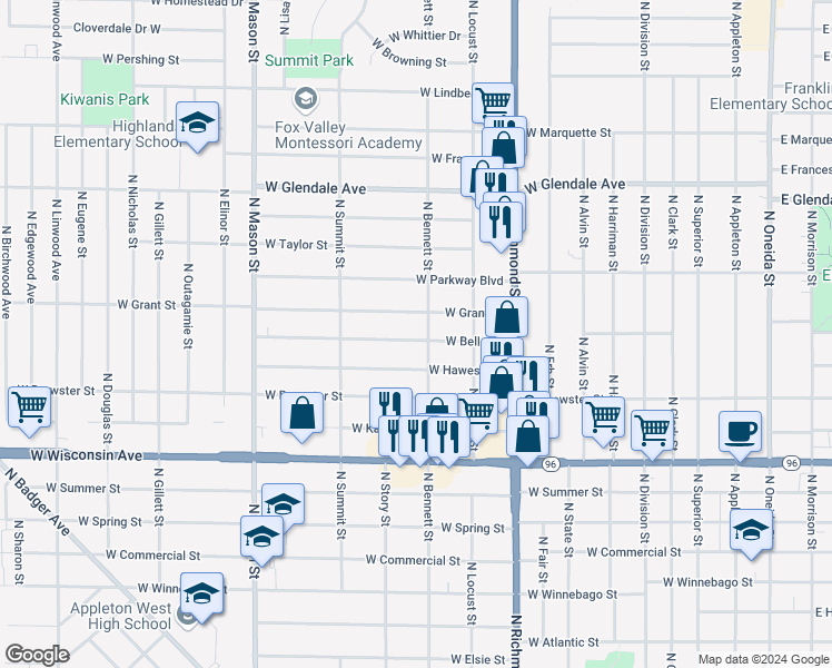 map of restaurants, bars, coffee shops, grocery stores, and more near 908 West Bell Avenue in Appleton