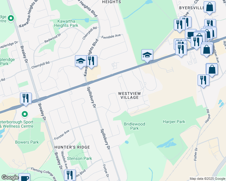 map of restaurants, bars, coffee shops, grocery stores, and more near 1237 Huntington Circle in Peterborough