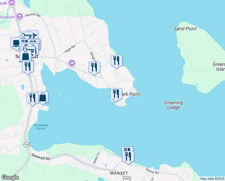 map of restaurants, bars, coffee shops, grocery stores, and more near 3 Claremont Road in Southwest Harbor