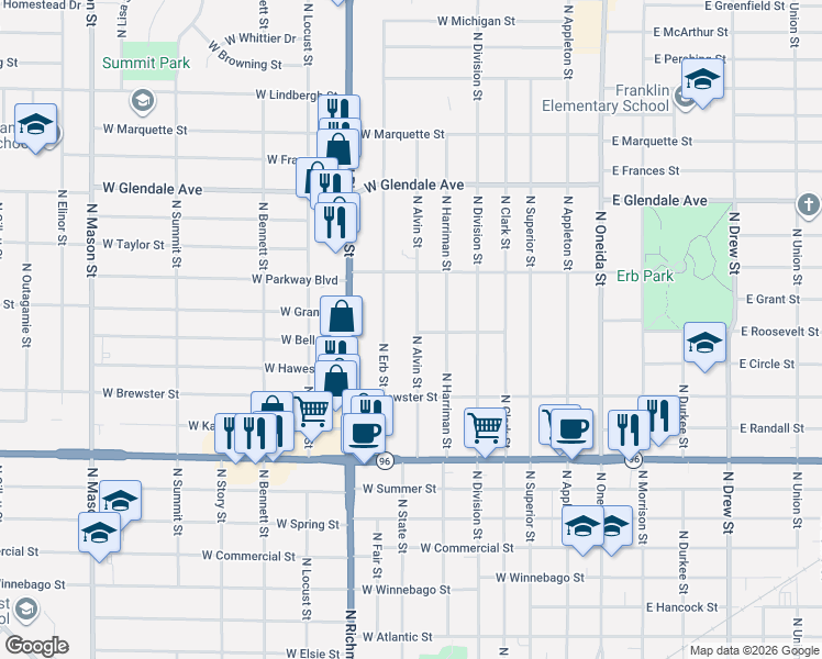 map of restaurants, bars, coffee shops, grocery stores, and more near 1716 North Alvin Street in Appleton