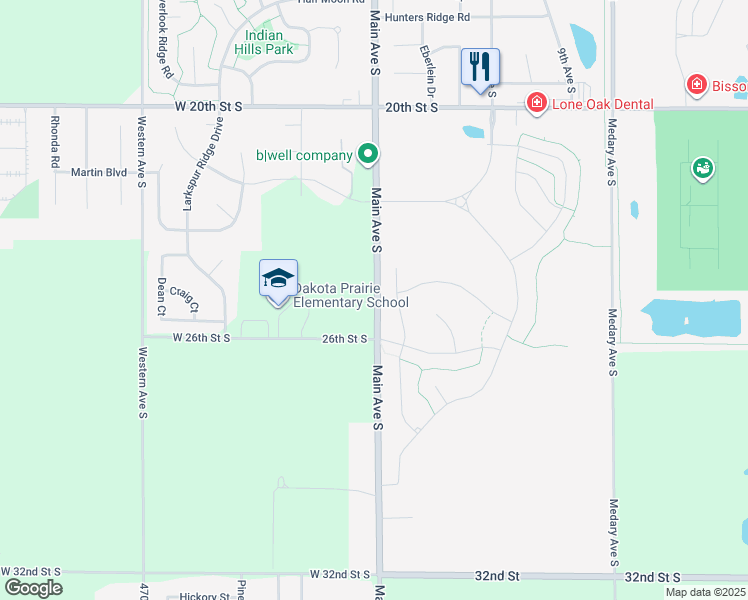 map of restaurants, bars, coffee shops, grocery stores, and more near 2432 Main Avenue South in Brookings