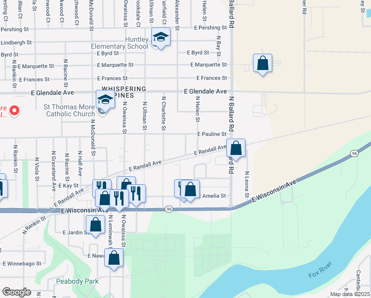 map of restaurants, bars, coffee shops, grocery stores, and more near North Wilmer Street in Appleton