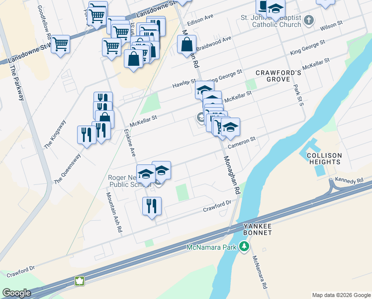 map of restaurants, bars, coffee shops, grocery stores, and more near 668 Orpington Road in Peterborough