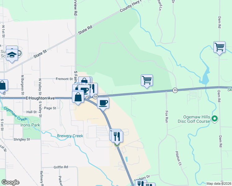 map of restaurants, bars, coffee shops, grocery stores, and more near 2446 Highway 55 in West Branch
