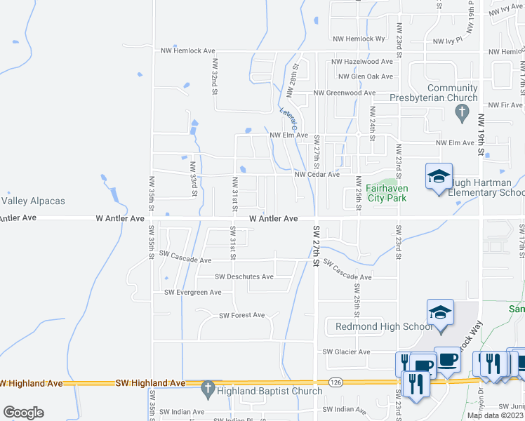 map of restaurants, bars, coffee shops, grocery stores, and more near 130 Northwest 30th Street in Redmond