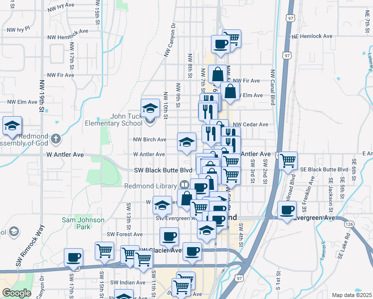 map of restaurants, bars, coffee shops, grocery stores, and more near 135 Northwest 9th Street in Redmond