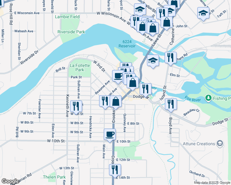 map of restaurants, bars, coffee shops, grocery stores, and more near 310 Main Avenue in Kaukauna