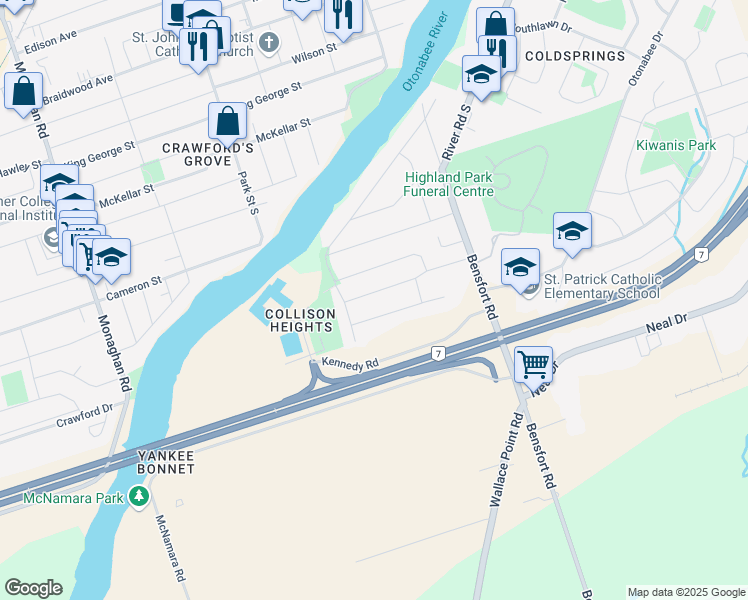 map of restaurants, bars, coffee shops, grocery stores, and more near 289 Collison Avenue in Peterborough
