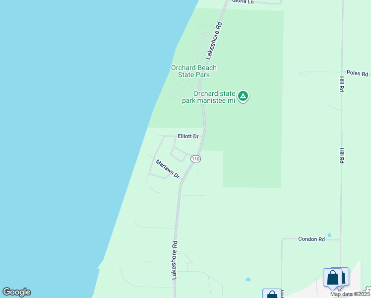 map of restaurants, bars, coffee shops, grocery stores, and more near 658 Driftwood Drive in Manistee