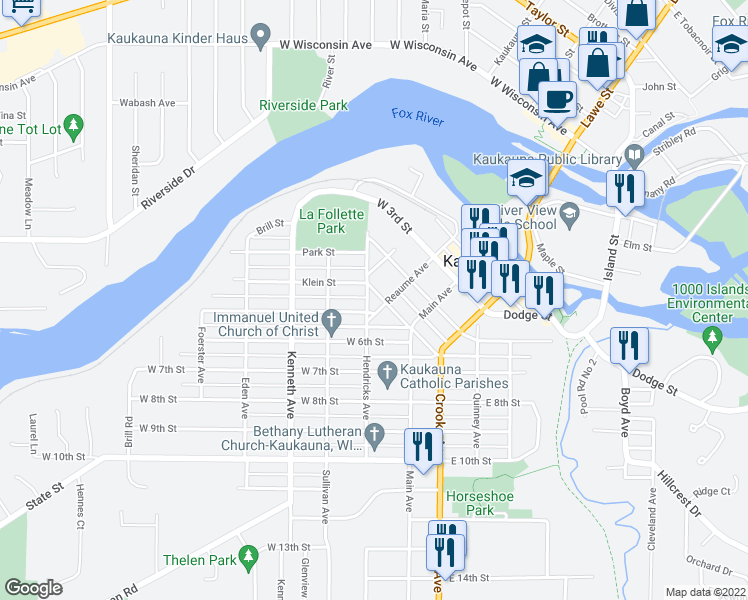 map of restaurants, bars, coffee shops, grocery stores, and more near 205 West 5th Street in Kaukauna