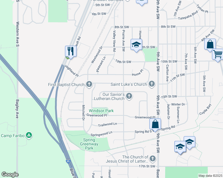 map of restaurants, bars, coffee shops, grocery stores, and more near 1408 Wellington Crescent in Faribault