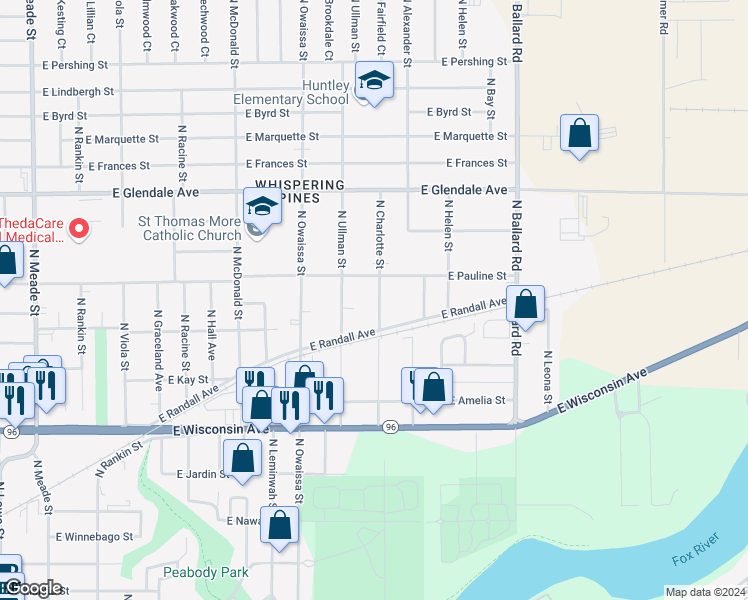 map of restaurants, bars, coffee shops, grocery stores, and more near 1705 North Charlotte Street in Appleton