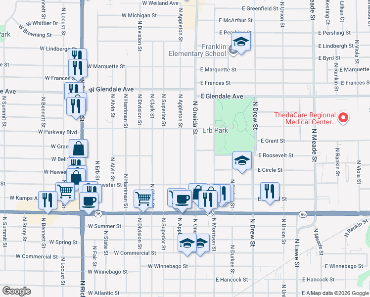 map of restaurants, bars, coffee shops, grocery stores, and more near 1710 North Appleton Street in Appleton