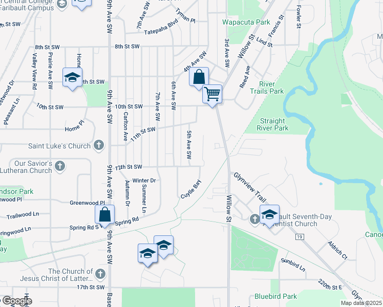 map of restaurants, bars, coffee shops, grocery stores, and more near 1159 5th Avenue Southwest in Faribault