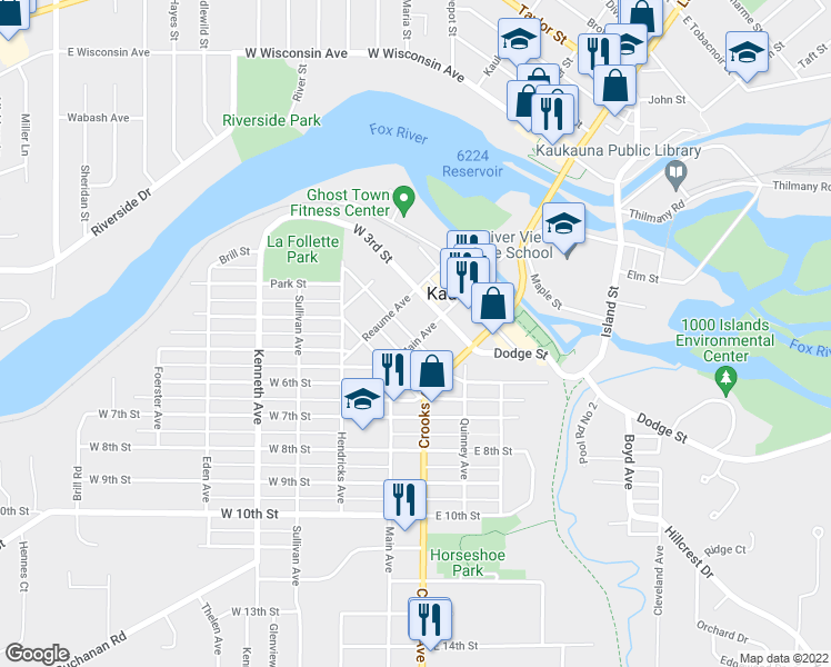 map of restaurants, bars, coffee shops, grocery stores, and more near 100 West 4th Street in Kaukauna