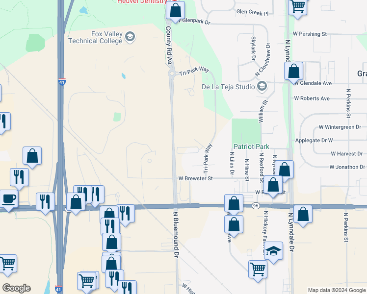 map of restaurants, bars, coffee shops, grocery stores, and more near 3 Innovation Court in Appleton