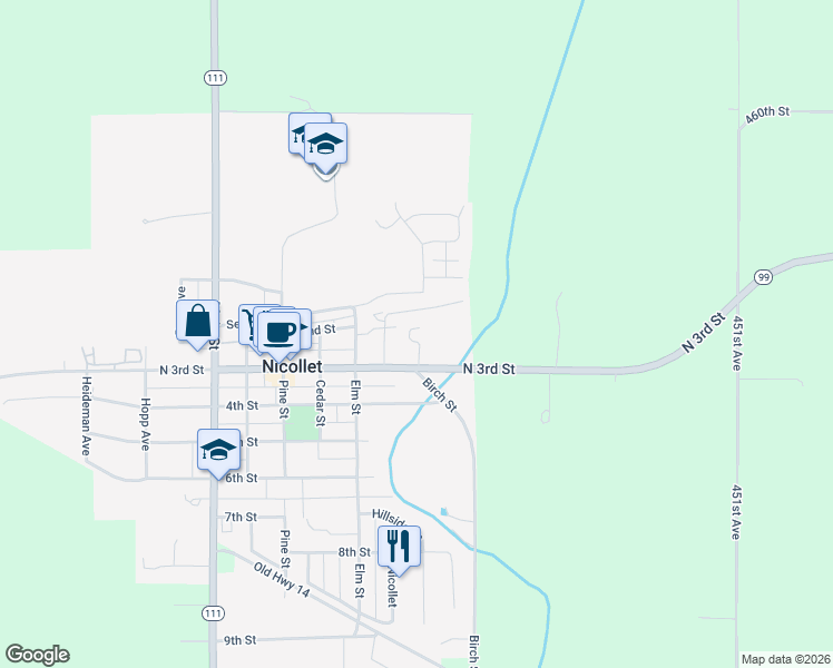 map of restaurants, bars, coffee shops, grocery stores, and more near 1020 North 3rd Street in Nicollet