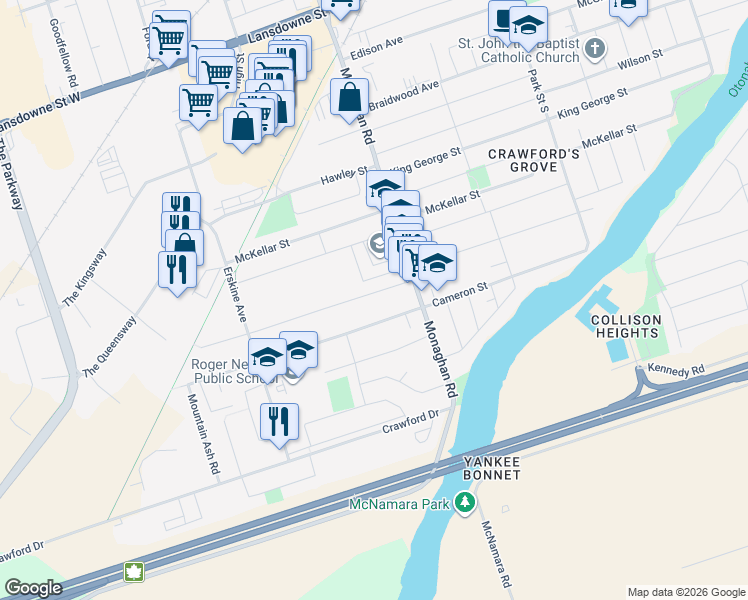 map of restaurants, bars, coffee shops, grocery stores, and more near 645 Orpington Road in Peterborough