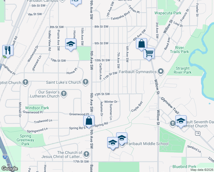 map of restaurants, bars, coffee shops, grocery stores, and more near 1138 8th Avenue Southwest in Faribault