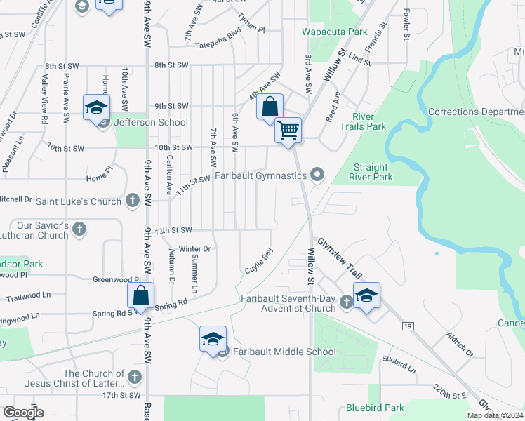 map of restaurants, bars, coffee shops, grocery stores, and more near 1159 5th Avenue Southwest in Faribault