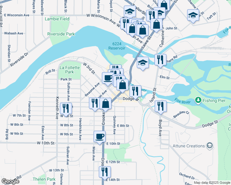map of restaurants, bars, coffee shops, grocery stores, and more near 142 East 3rd Street in Kaukauna