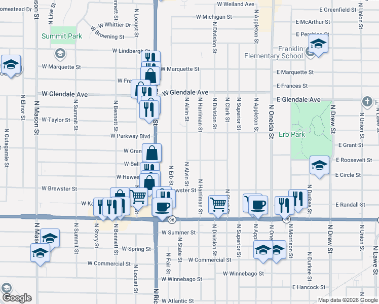 map of restaurants, bars, coffee shops, grocery stores, and more near 1716 North Alvin Street in Appleton