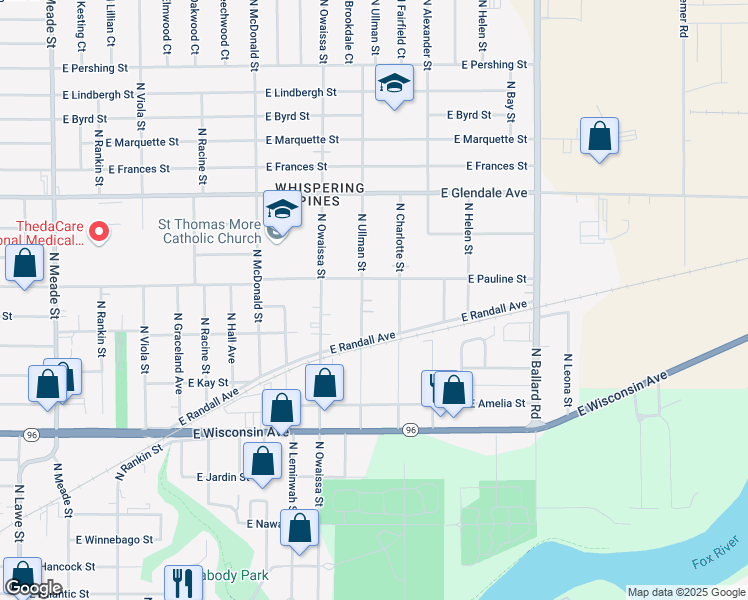 map of restaurants, bars, coffee shops, grocery stores, and more near 1714 North Ullman Street in Appleton