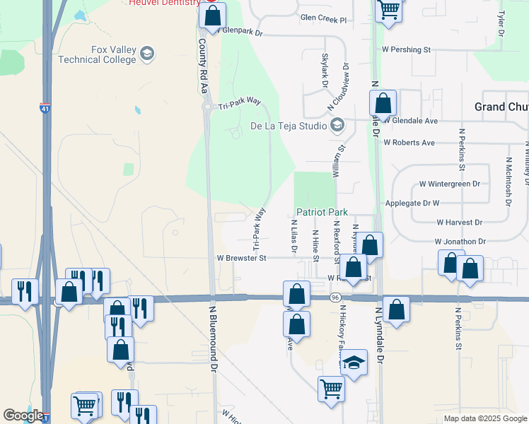map of restaurants, bars, coffee shops, grocery stores, and more near 1516 Tri-Park Way in Appleton