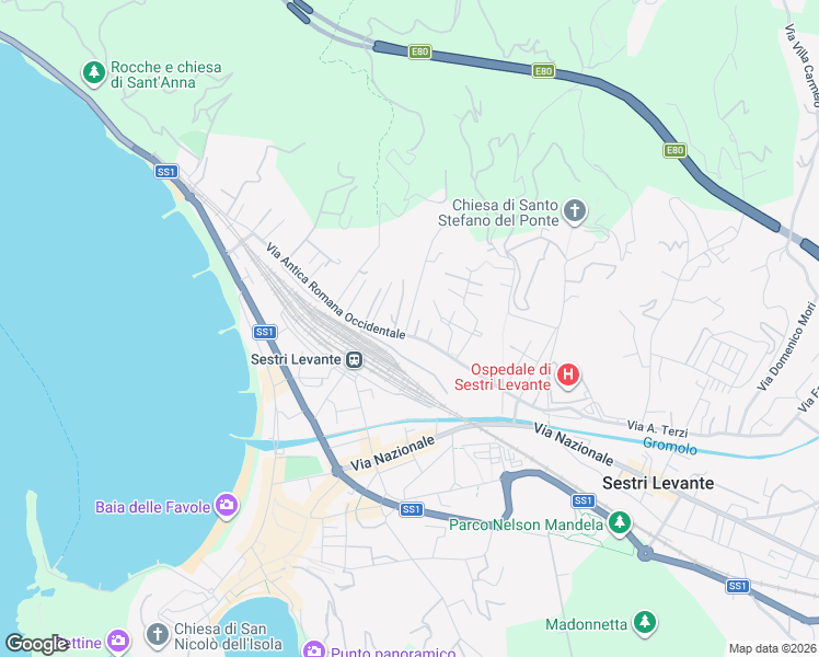 map of restaurants, bars, coffee shops, grocery stores, and more near 124-126 Via Antica Romana Occidentale in Sestri Levante