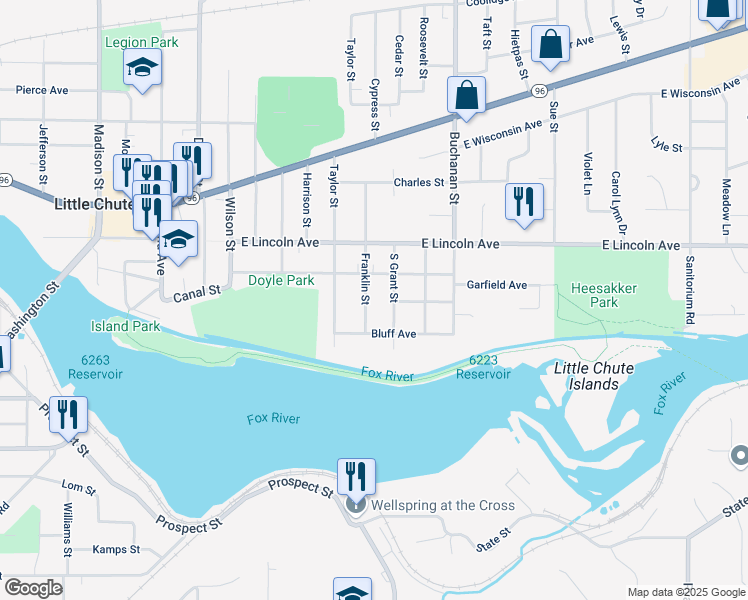 map of restaurants, bars, coffee shops, grocery stores, and more near 232 Franklin St in Little Chute