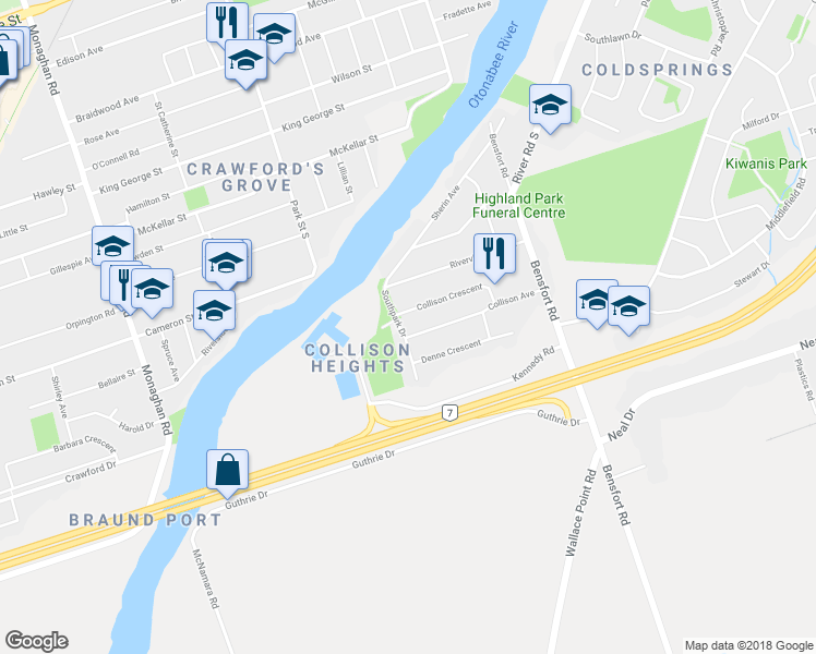 map of restaurants, bars, coffee shops, grocery stores, and more near 430 Southpark Drive in Peterborough