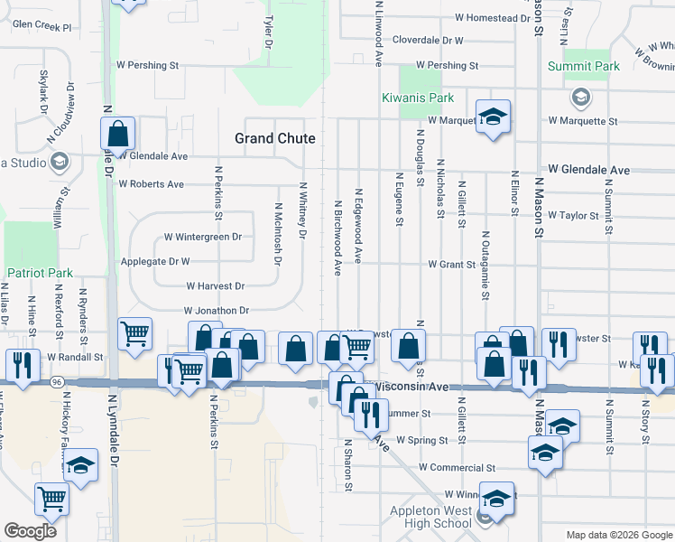 map of restaurants, bars, coffee shops, grocery stores, and more near 1631 North Birchwood Avenue in Appleton