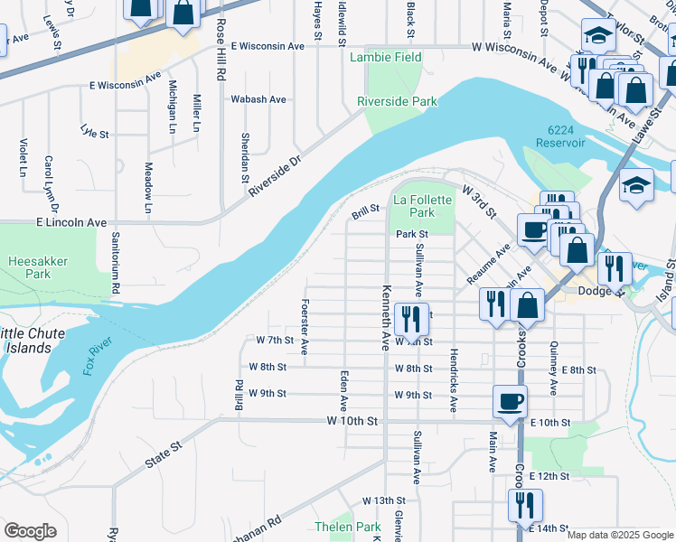 map of restaurants, bars, coffee shops, grocery stores, and more near 409 Eden Avenue in Kaukauna