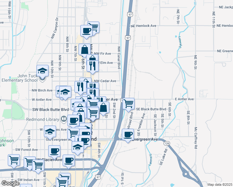 map of restaurants, bars, coffee shops, grocery stores, and more near 130 Northwest 2nd Street in Redmond