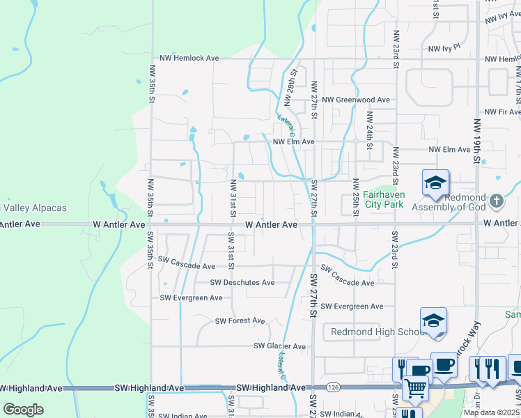 map of restaurants, bars, coffee shops, grocery stores, and more near 160 Southwest 30th Street in Redmond