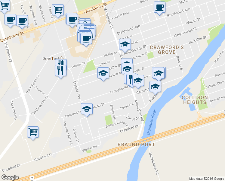 map of restaurants, bars, coffee shops, grocery stores, and more near 668 Orpington Road in Peterborough