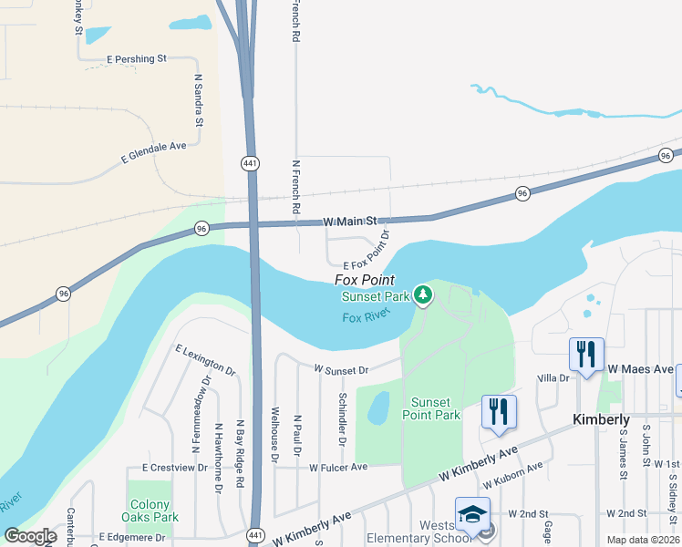 map of restaurants, bars, coffee shops, grocery stores, and more near 39 East Fox Point Drive in Little Chute