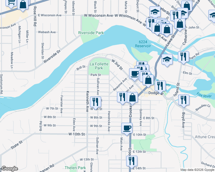 map of restaurants, bars, coffee shops, grocery stores, and more near 205 West 5th Street in Kaukauna