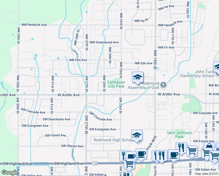 map of restaurants, bars, coffee shops, grocery stores, and more near 2415 West Antler Court in Redmond