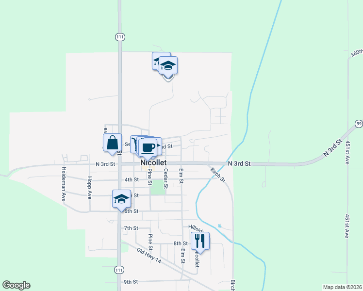 map of restaurants, bars, coffee shops, grocery stores, and more near 220 Elm St in Nicollet