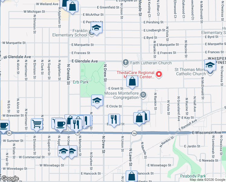 map of restaurants, bars, coffee shops, grocery stores, and more near 435 East Grant Street in Appleton