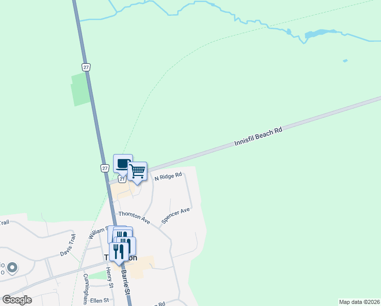 map of restaurants, bars, coffee shops, grocery stores, and more near 4116 Simcoe County Road 21 in Innisfil