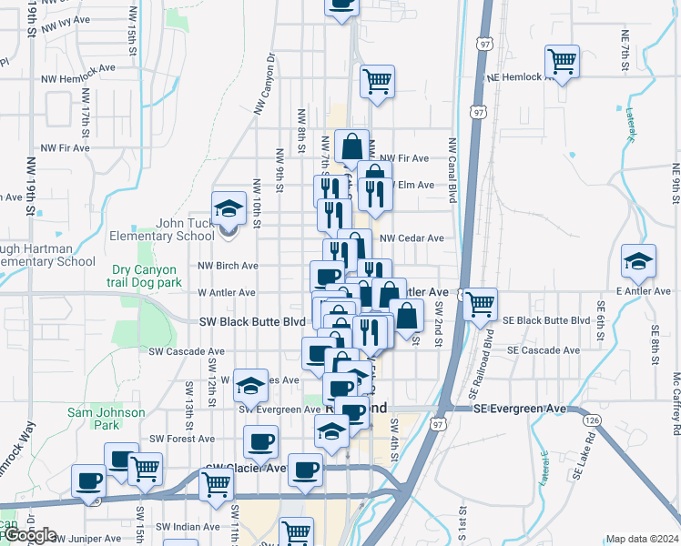 map of restaurants, bars, coffee shops, grocery stores, and more near 141 NW 6th St in Redmond
